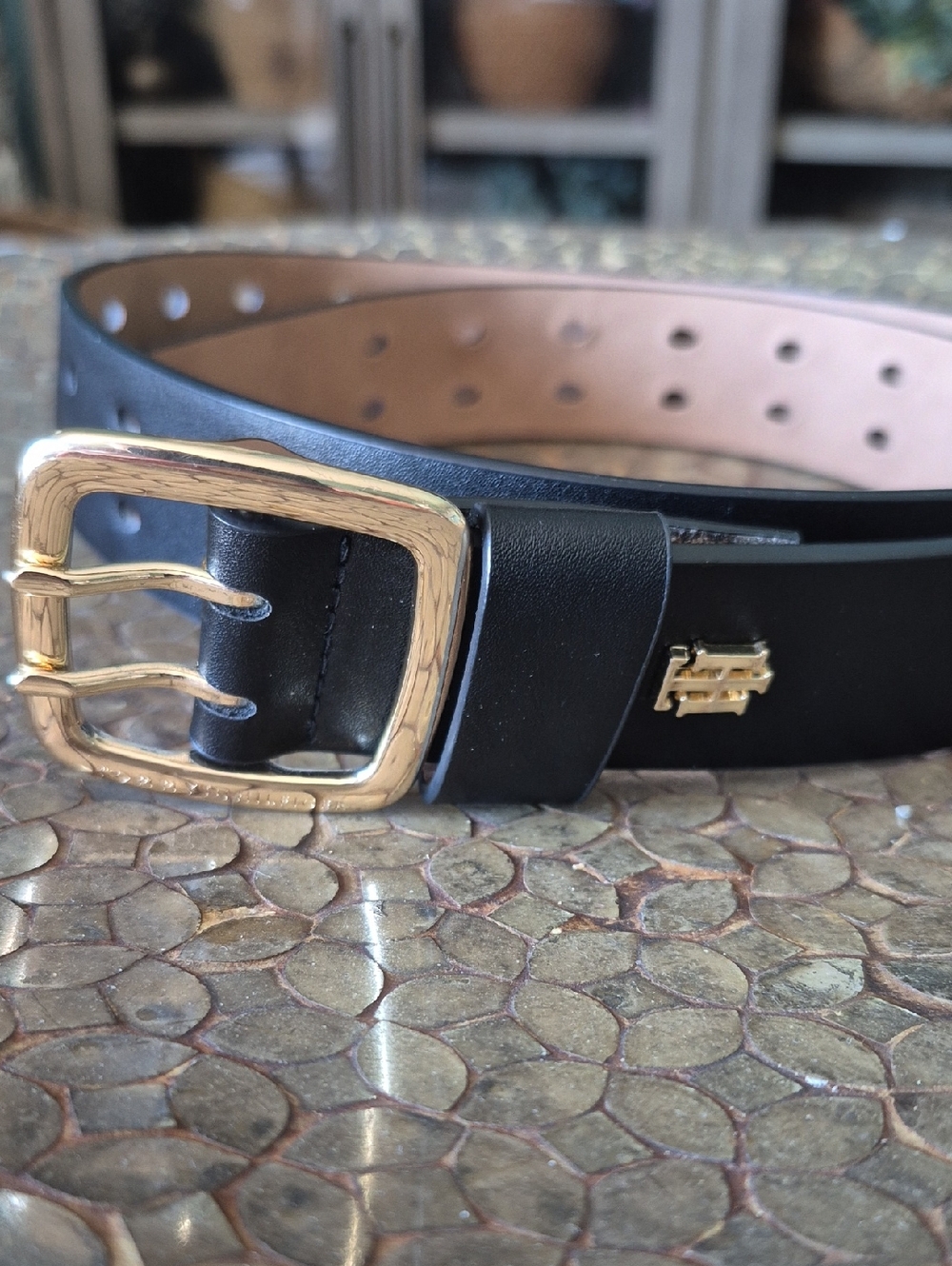 Unisex Black Tommy Hilfiger Faux Leather Belt with Gold Buckle. NWOT
